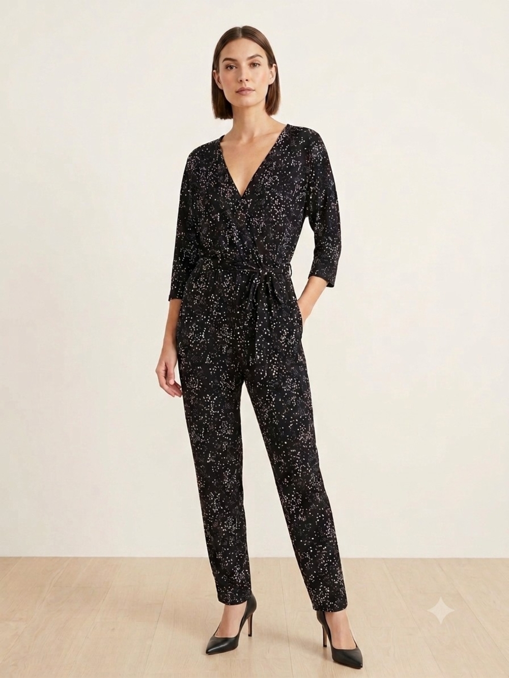 Allison Joy Black Geometric V-Neck Belted Jumpsuit L